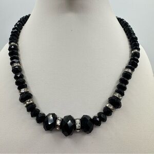 Black Faceted Beaded Necklace w/ Rhinestone Spacers Adjustable
